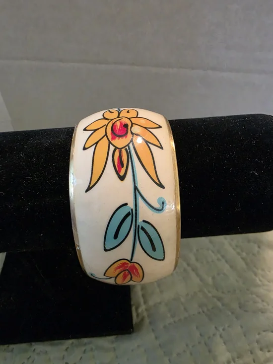 Hand-Painted Floral Enamel Bracelet - Cream with Yellow & Teal