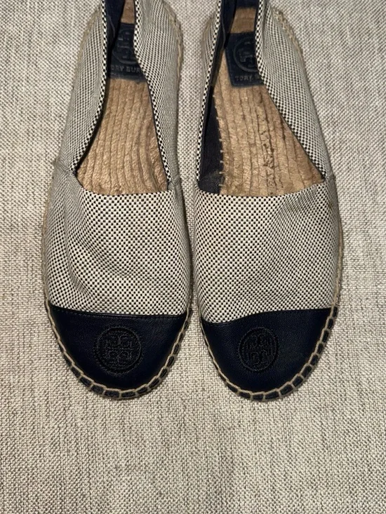 Tory Burch Navy Blue Toe Cap Cream Navy Blue Canvas Espadrille Flats