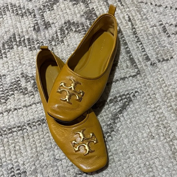 Tory Burch Mustard Yellow Leather Logo Flats