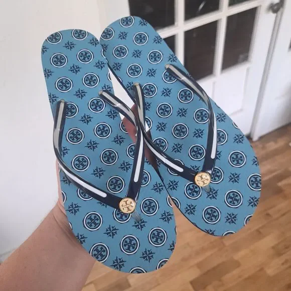 NEW Tory Burch Coastline Blue Compass Flip Flop Logo Women's Size 8 Thong Sandal