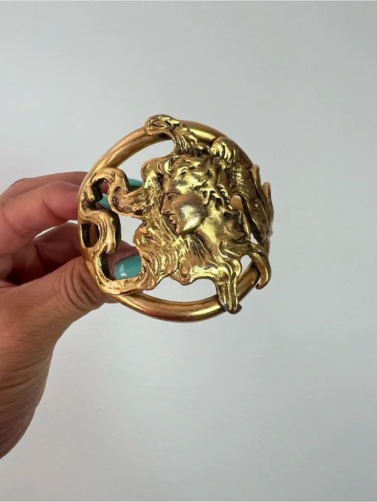 1970’s Vintage Gold Metal Goddess Art Nouveau Signed Clamper Bracelet
