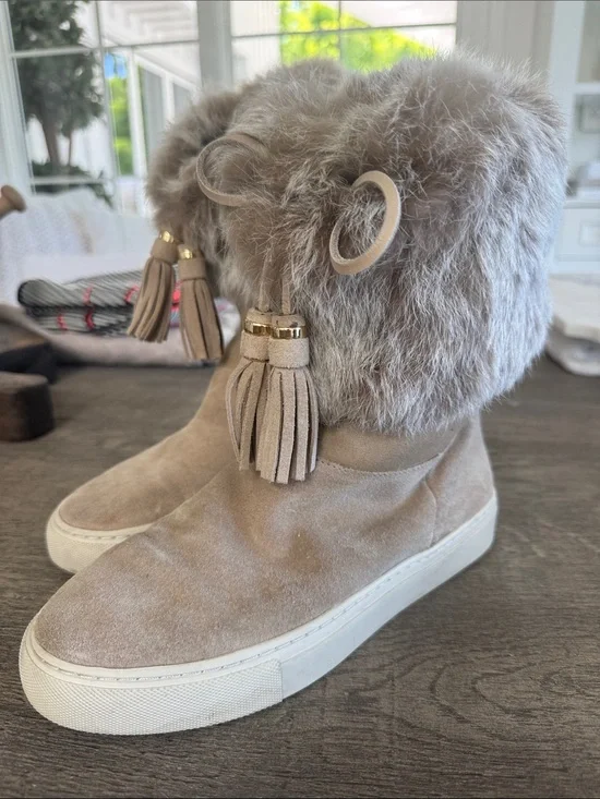 Tory Burch Suede Faux-Fur Tassel Boot Sneakers - Taupe