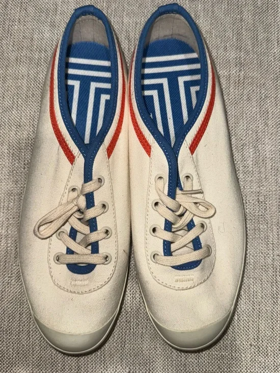 White Canvas Sneakers with Blue & Red Trim