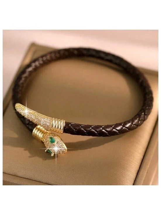 Black leather snake bracelet - Bracelet - Gold - CZs - 7