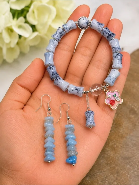 Elegant Blue Beaded Bracelet and Earrings Set