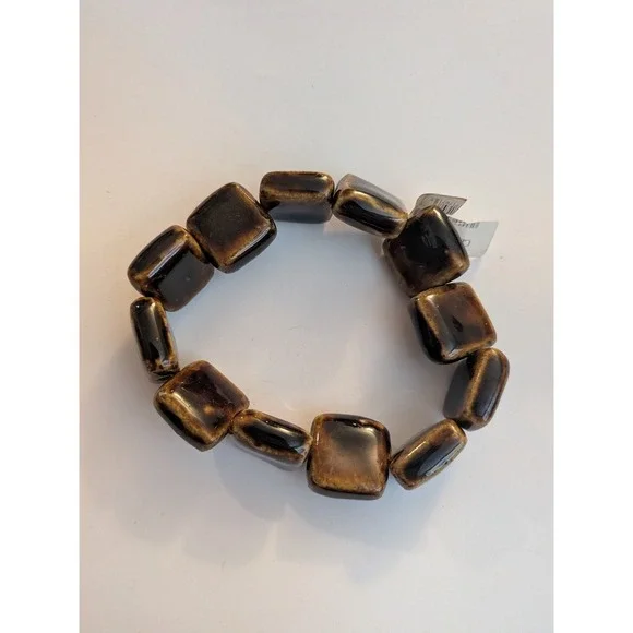 Chunky Brown Tortoise Square Bead Stretch Bracelet Earthy Glazed Clay