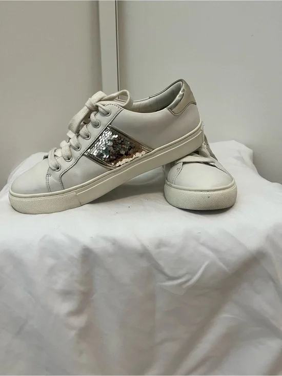 Tory Burch White Leather Sneakers with Gold Sequin Accent