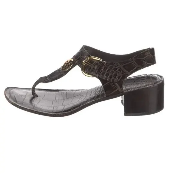 Tory Burch Brown Croc Embossed Leather T-Strap Block Heel Sandals 5.5 Medallion
