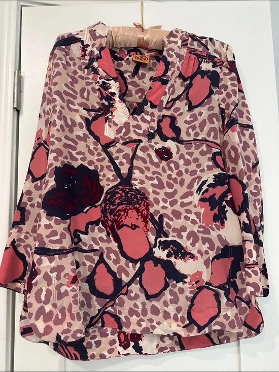 Tory Burch Pink and Black Floral Leopard Print V-Neck Blouse