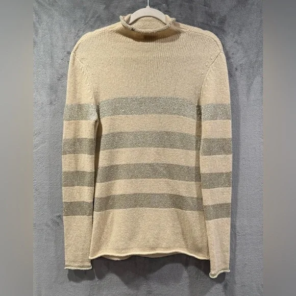 Tory Burch Beige Metallic Striped Long Sleeve  Wool Camel Blend Sweater Size M