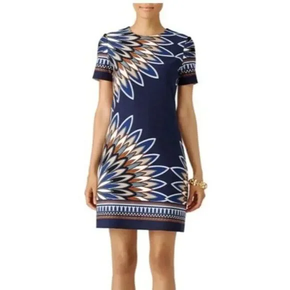 Tory Burch Deco-Fan Print Short-Sleeve Shift Dress Sz L Blue Stretch Comfy