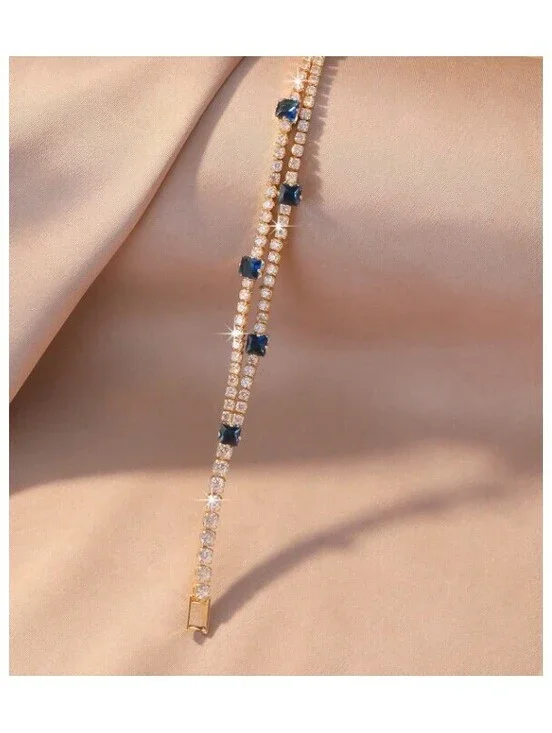 Two row blue and white - Bracelet - Gold - CZs - 7