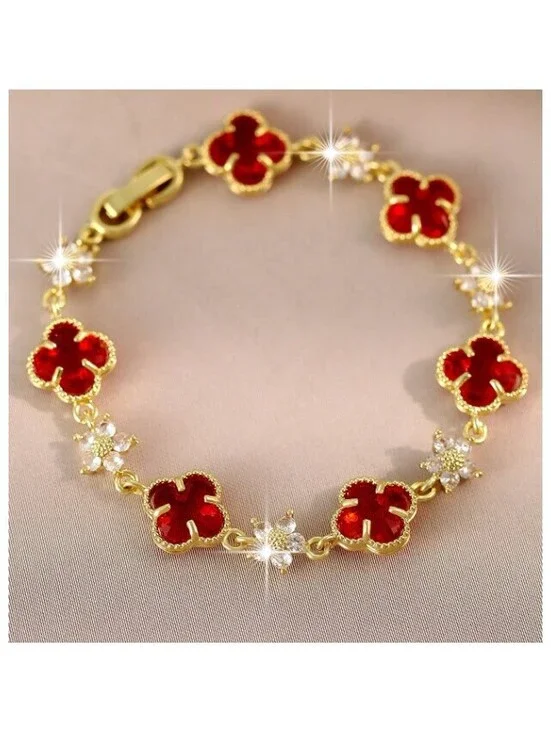 Red clover and flower - Bracelet - Gold - CZs - 7