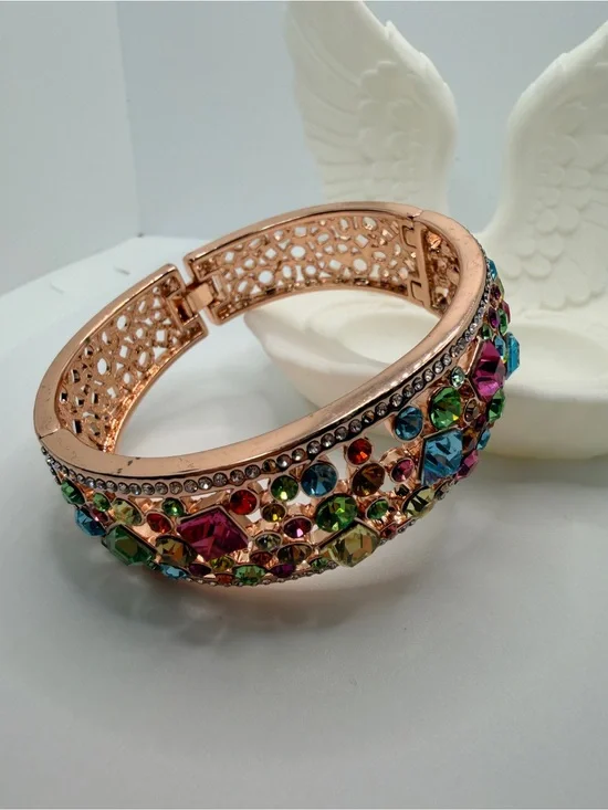 Rose Gold Multicolor Crystal Hinged Bangle Bracelet