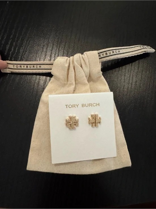 Tory Burch Gold Small Icon -T Logo Stud Earrings with Cream Drawstring Pouch