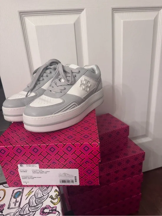Tory Burch Light Gray and White Platform Sneakers