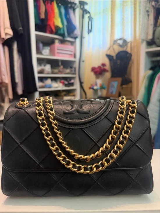 Tory Burch Fleming Black Quilted Leather Shoulder Bag with Gold Chain Strap