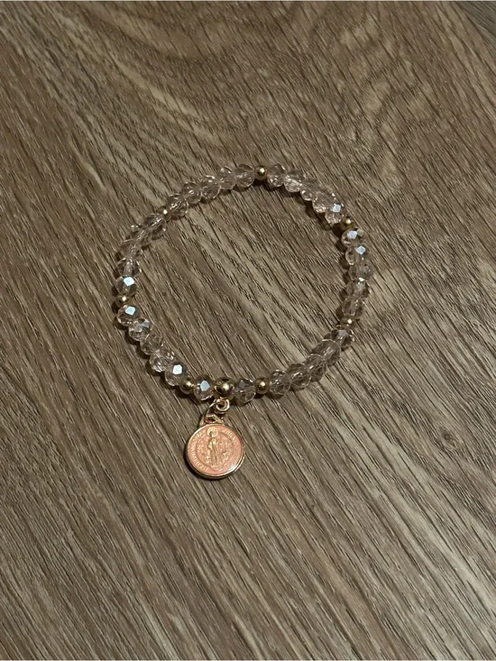 Gold-Tone light pink Beaded Bracelet with San Benito Charm
