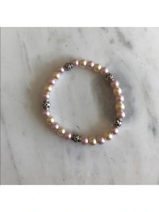 Elegant Pink and Cream Pearl Stretch Bracelet with Silver Accents