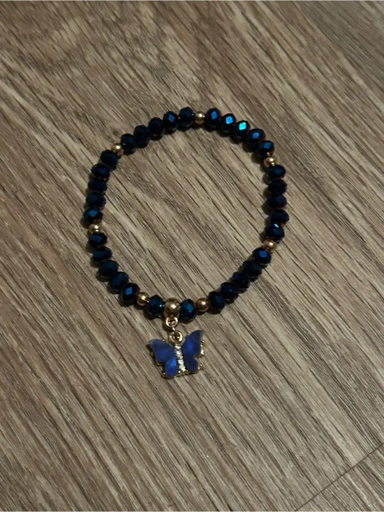 Gold and Deep Blue metallic Beaded Butterfly Stretch Bracelet