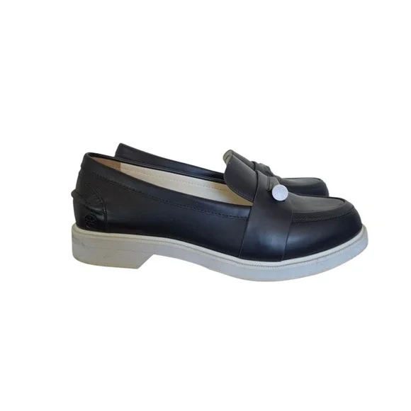 Tory Burch Navy Blue Leather Logo Minimalist Old Money Coastal Loafers sz 6