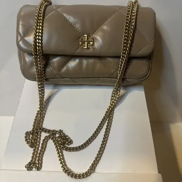 Tory Burch Small Kira Diamond Quilted Convertible Leather Shoulder Bag Taupe Oak