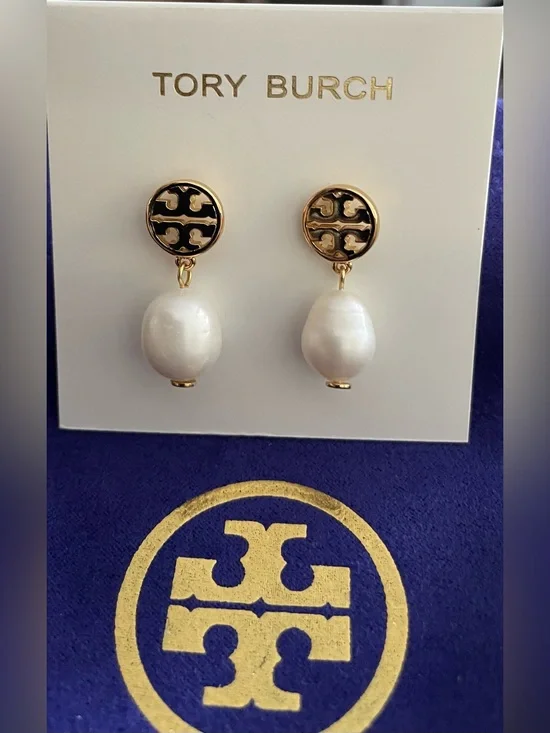 Tory Burch Gold and Black Logo with White Pearl Drop Earrings