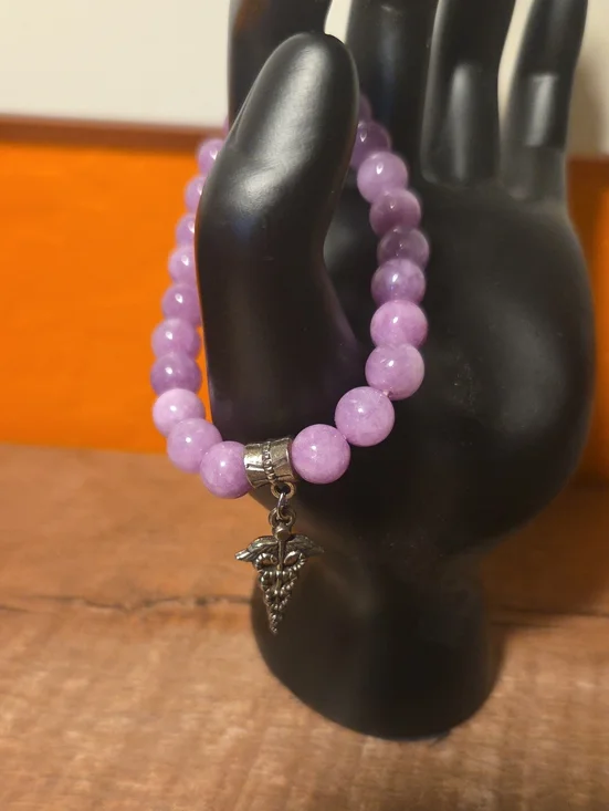 Lavender Beaded Bracelet With Medical Caduceus Symbol Charm