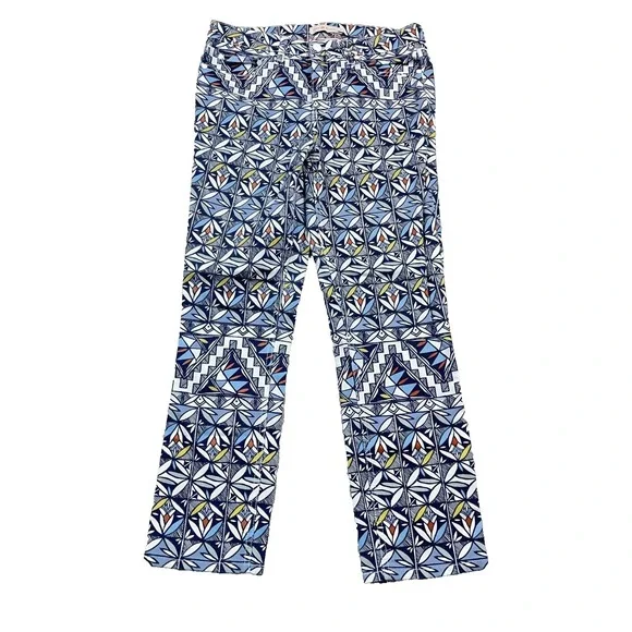 Tory Burch Acoma Print Cropped Skinny Jeans Riviera Blue Size 28 Geometric