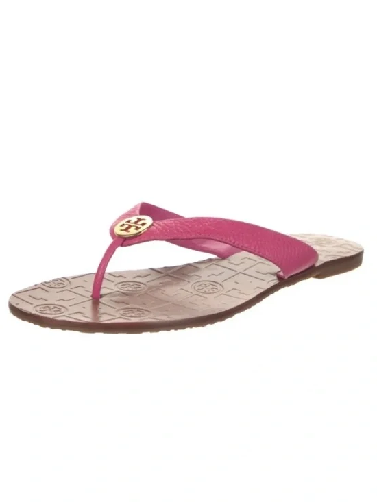 Tory Burch Designer Pink Thora Sandals Thong Pebbled Leather Size 6.5M