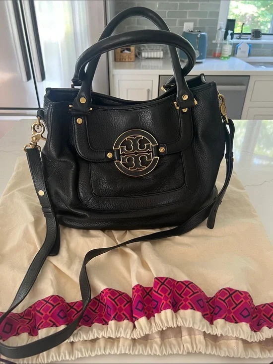 Tory Burch Black Leather Shoulder Satchel with Gold Logo