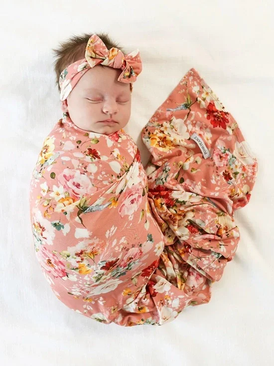 Posh Peanut Coral Pink Floral Swaddle and Bow Headband Set