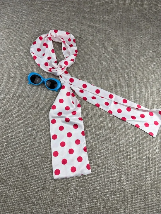 Polka Dot Hair Scarf - Pink on White and blue frame sunglasses 80’s 90’s Ya2K
