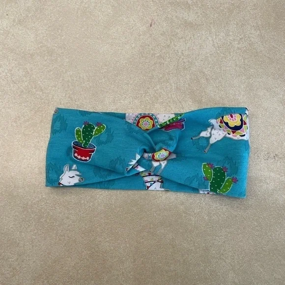 Toddler Girls Blue White Llama Print Handmade Knot Headband NWOT