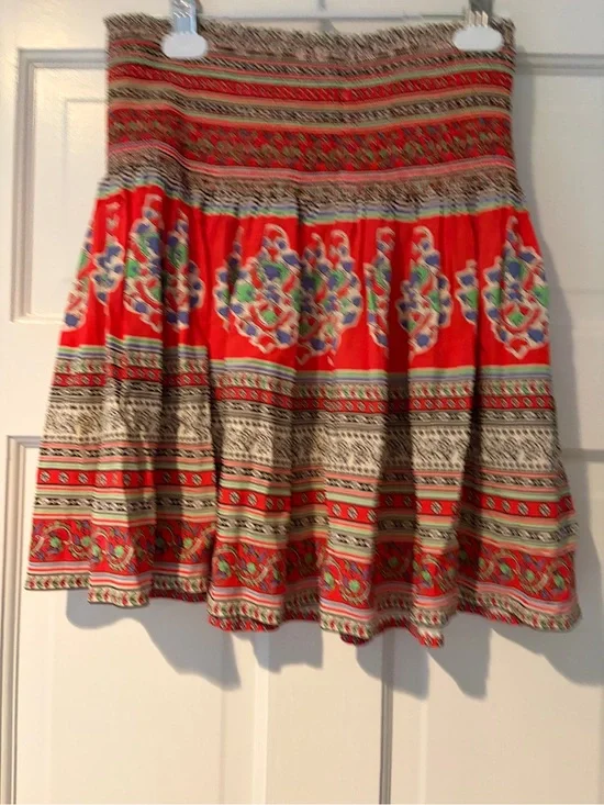 Bohemian Red Printed A-Line Women's Skirt Tory Burch Smocked S