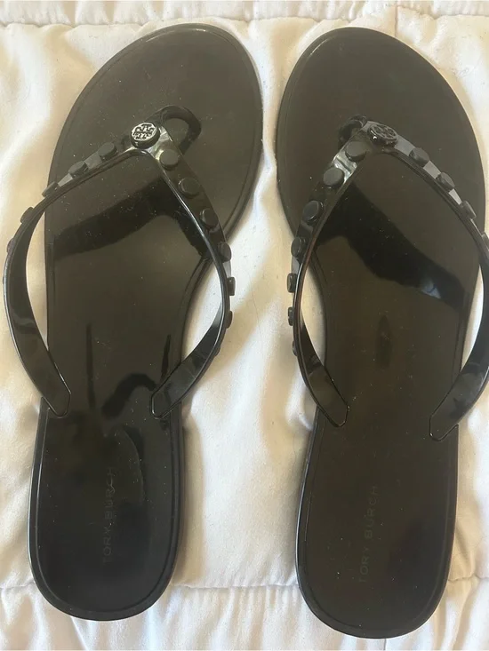 Tory Burch Black Logo Jelly Flip Flops - size 9.5