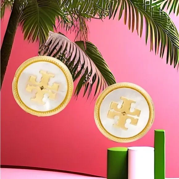 TORY BURCH MOTHER OF PEARL STUD EARRINGS IN ANTIQUE GOLD