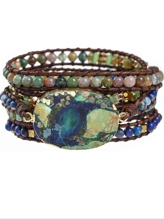Multicolor Beaded Wrap Bracelet with Green-Blue Stone Accent