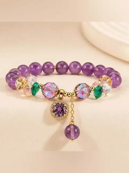 Gold-Accent Purple Crystal Charm Bracelet with Multicolor Beads