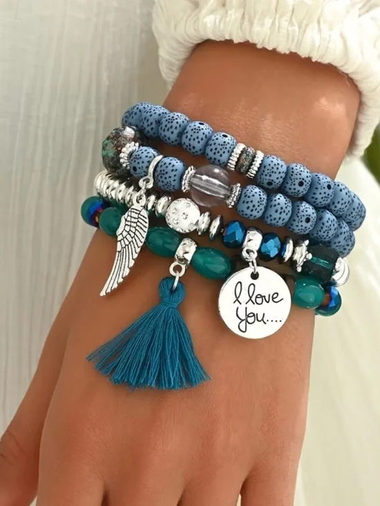 Bracelet Set with Tassel and Wing Charms - Women's Jewelry