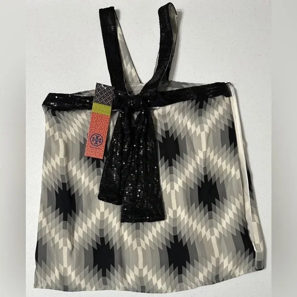 Tory Burch NWT‎ Silk Sequin Betty Halter Top Grey Black Geometric Kitty Top Sz 2