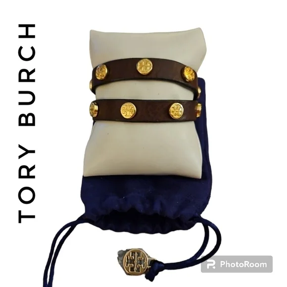 TORY BURCH Dark Brown Leather Logo Stud Wrap Bracelet