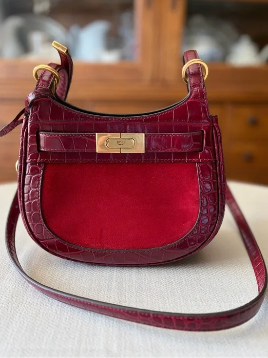 Tory Burch Lee Radziwill Croc-Embossed Leather & Suede Saddle Bag in Roma Red