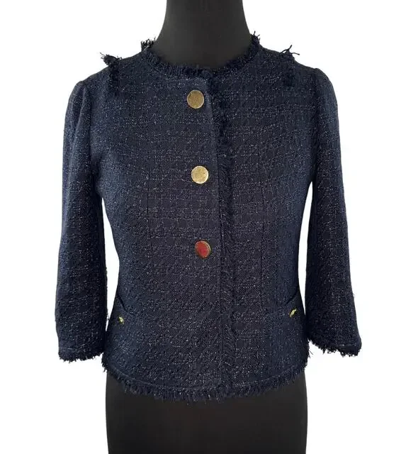 TORU BURCH Emma Navy Metallic Crop Jacket Tweed Fringe Trim Round Neck Size 0