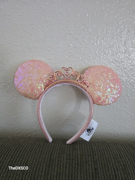 Disney Pink Rose Gold Sequin Minnie Ear Headband with Tiara