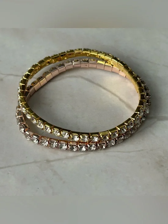 Gold Tone and Rose Gold Tone Crystal Stretch Bracelet Set