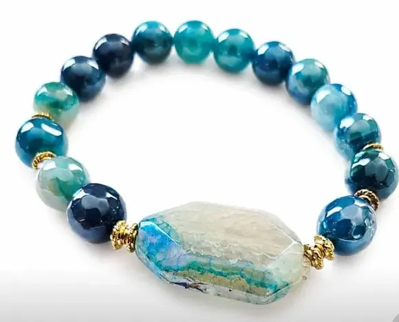 Blue Agate Stone Blue Gold Stretch Bracelet New