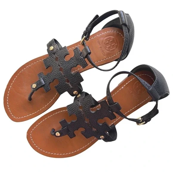 Tory Burch Phoebe Logo‎ Thong Sandals Black Pebbled Leather Size 10