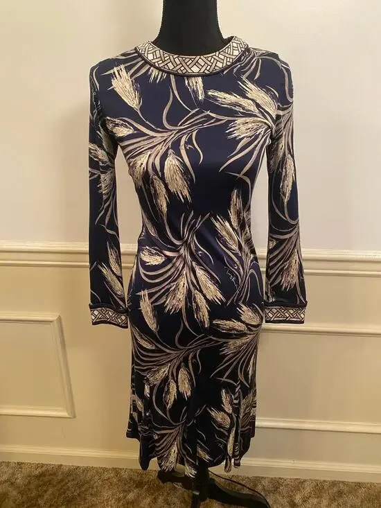 Tory Burch 100% Silk Long Sleeve Feather Boarder Collar Knee Length Dress