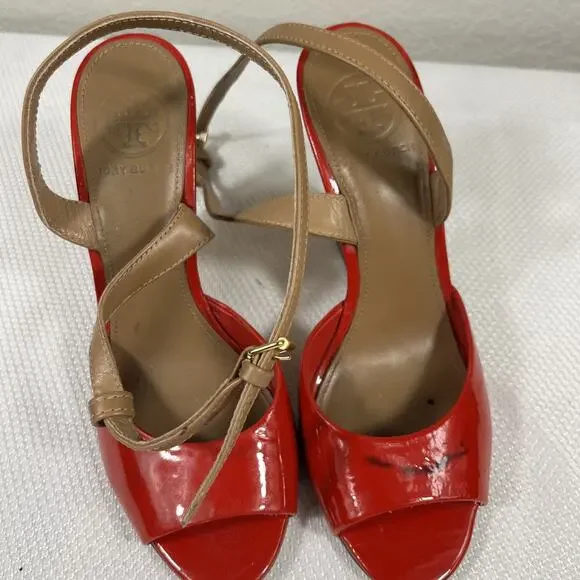 Tory Burch Red‎ Patent Leather Cork Wedge Ankle Strap Peep Toe Sandals size 7 M